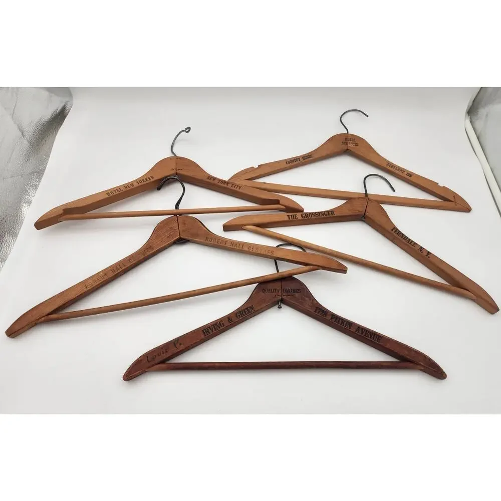 Vtg Lot of 5 Wood Coat Hangers Hotel Dept Store Advertising Syracuse New Yorker
